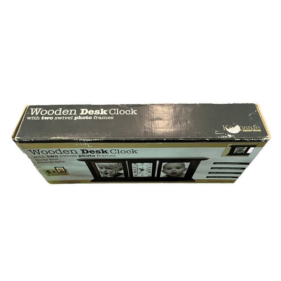 Keepsafe Wooden Desk Clock w 4 Photo Frames Mahogany Tone Quartz Swivel Display - Picture 2 of 2